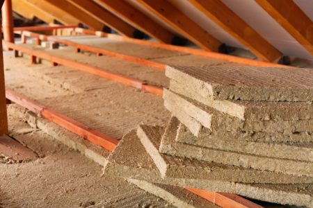 Mineral wool stack on construction site - thermal insulation of a house